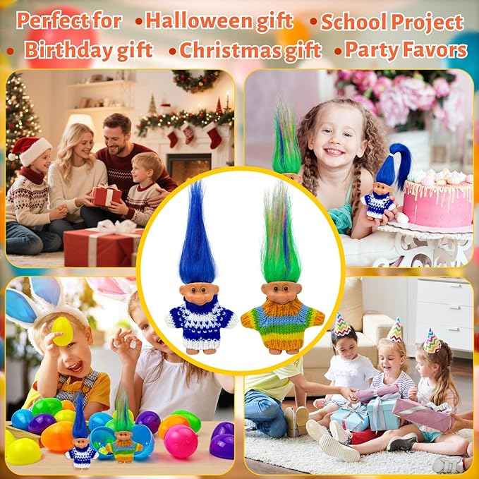 Retro Vintage Lucky Troll Dolls Assorted Hair Colors Chromatic Adorable for Collections, School Project, Arts and Crafts, Party Favors (Colorful)