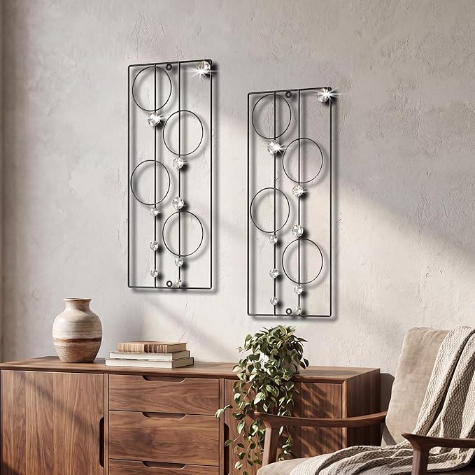 ZEXUIRU 2 Pcs. Abstract Metal Art for Wall Decor Living Room Bedroom Bathroom Office Metal Bling Modern Geometric Hanging Vertical Small Iron Sculpture Plaque Pack -Black 24in