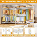 E15 Garment Rack L Shaped Clothes Rack for Corner，Freestanding Clothing Racks for Hanging Clothes，Heavy Duty Closet Organizer with 4 Hanging Rods & 8 S Hooks，43.4" W x 15.8" D x 78.4" H，White