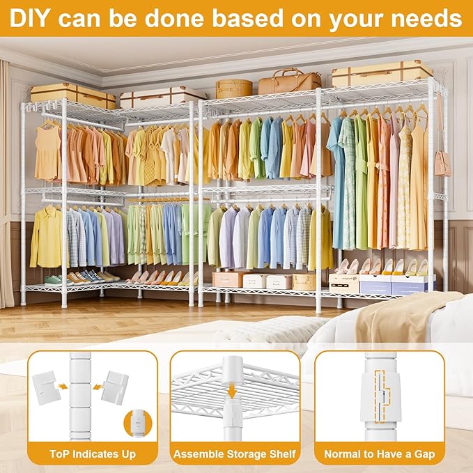 E15 Garment Rack L Shaped Clothes Rack for Corner，Freestanding Clothing Racks for Hanging Clothes，Heavy Duty Closet Organizer with 4 Hanging Rods & 8 S Hooks，43.4" W x 15.8" D x 78.4" H，White