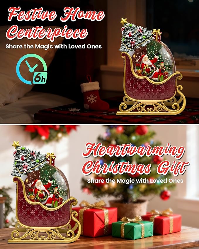 Christmas Snow Globes Christmas Lantern with 8 Songs, 9.17" Santa's Sleigh Snow Globe for Kids Adults, 6H Timer & Dual Power, Snowglobes Christmas Decorations Indoor, Gifts for Women Men