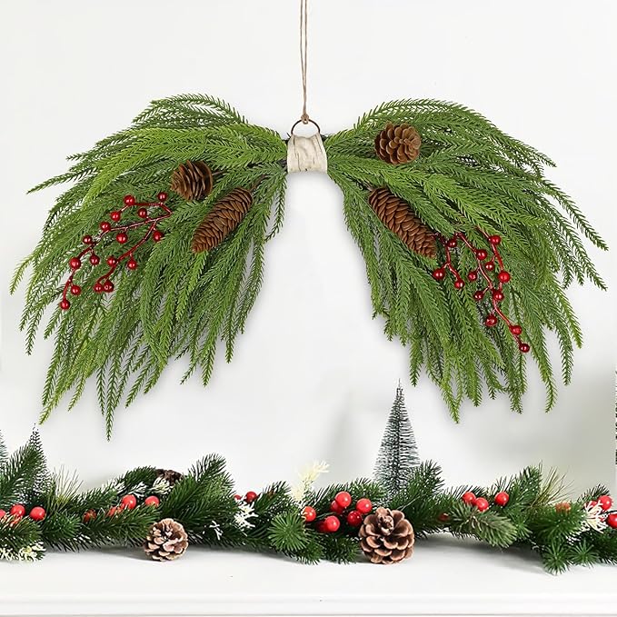 Artificial Christmas Swags with Norfolk Pine, Red Berries and Pinecones, 24" Christmas Thanksgiving Decorations for Front Door, Mantel, Staircase, Window, Xmas Décor