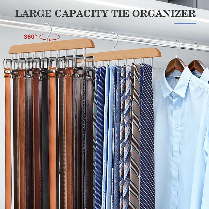 Tie Rack Hanger for Closet 20 Foldable Hooks, 2 Pack Wooden Non Slip Large Capacity Space Saving Tie and Belt Organizer with 360°Rotating Hooks for Tank Tops Bras Scarves Hat