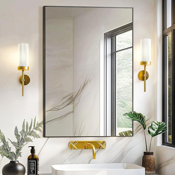 TRAHOME Bathroom Vanity Mirror for Wall, 36" x 24" Metal Framed Rectangular Bathroom Wall Mirror for Over Sink, HD Shatterproof Glass, Hangs Horizontally or Vertically(Black)