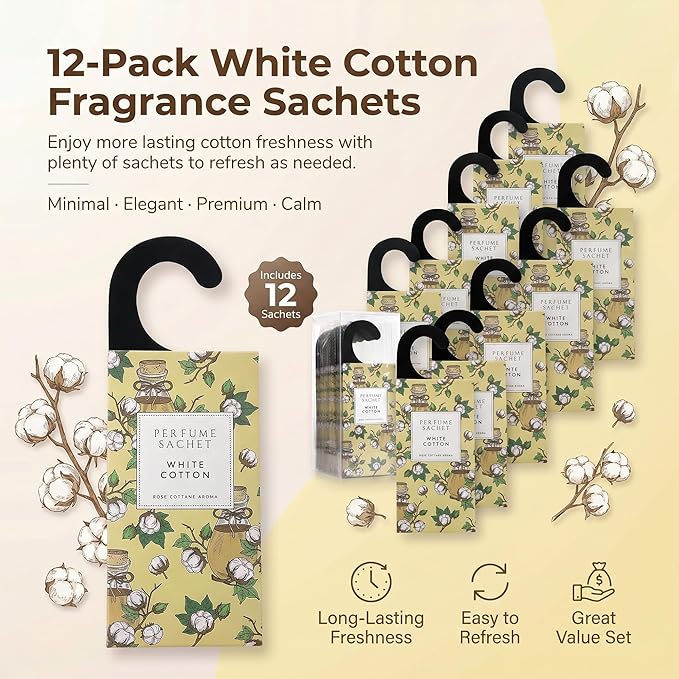 ROSE COTTAGE Large 12 Packs White Cotton Hanging Closet Deodorizer Air Freshener Long Lasting Scented Sachets Smell Goods for House