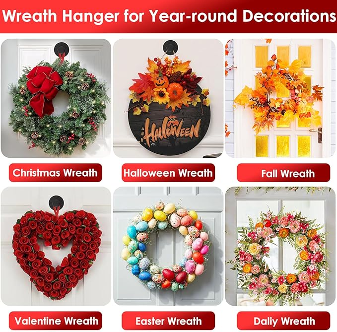 Black Wreath Door Hanger, 22 LB Heavy Duty Wreath Suction Cup Hooks for Fall Halloween Christmas Decorations, 2 Pack Strong Reusable Wreath Hangers Welcome Sign Front Door Window Glass Indoor Outdoor