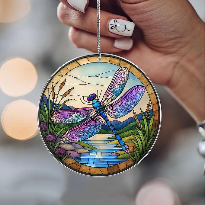 2025 Christmas Ornaments, Christmas Tree Ornaments Acrylic, Faux Stained Glass Effect White Elephant Gifts Exchange, Unique Suncatcher Xmas Stocking Stuffers for Women, Men (Dragonfly)