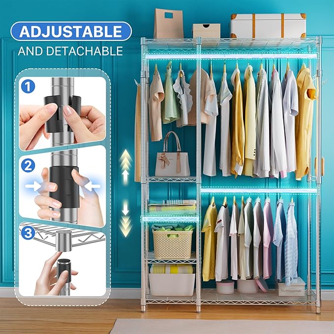 Simple Trending Heavy Duty Clothing Rack Loads 450 LBS, Garment Racks with Adjustable Shelves for Hanging Clothes, Metal Wardrobe Closet, Chrome