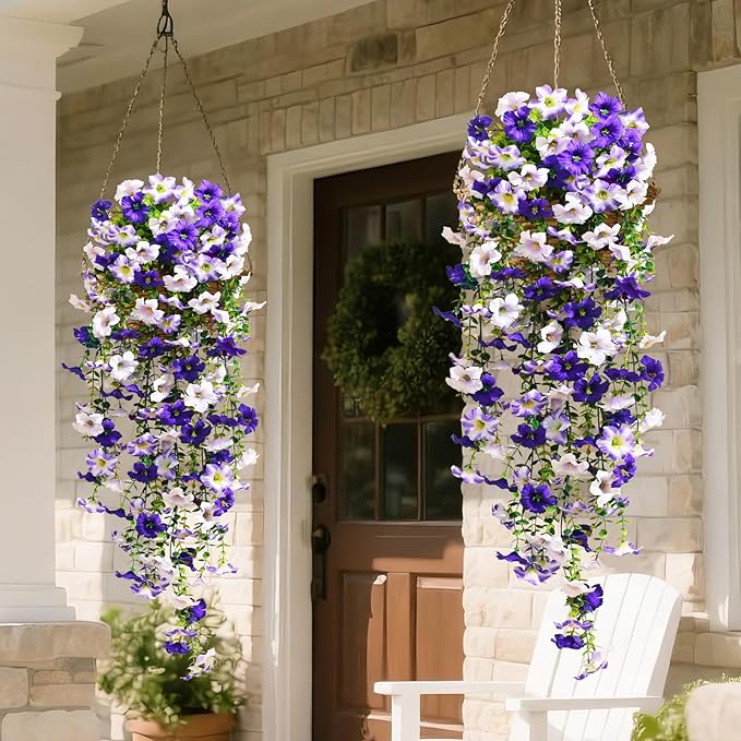Waipfaru Artificial Petunias Flowers for Outdoors, 2 Pcs UV Resistant Fake Hanging Plants Spring Outside Decor, Faux Silk Flowers Long Trailing Vines for Outdoor Planters Porch Garden (Purple White)