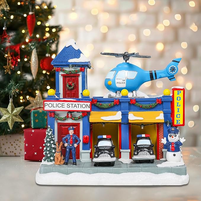 WONDER GARDEN Christmas Village Houses-Christmas Houses Village - Lighted Musical Police Station Collectible Buildings with Moving Car and Helicopter for Home Indoor Decor or Gift