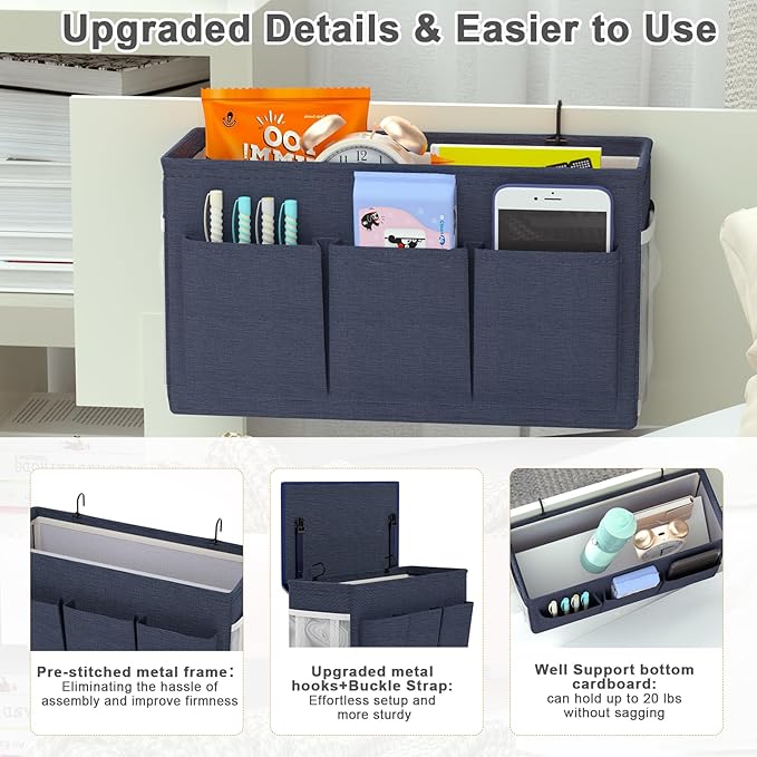 Edudif Dual-purpose Bedside Caddy Bedside Organizer, Bed Caddy with 6 Pockets, Versatile Bedside Storage Solution Magazine Remotes holder, ideal for Home, Dorm, Hospital, Crib Bed