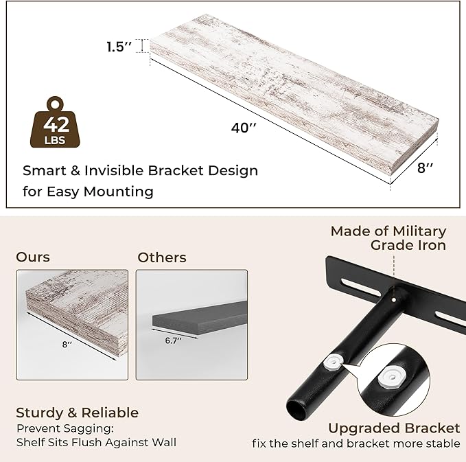 RICHFOCUS 40Inch Floating Shelves for Wall 2 Pack Shelves for Bedroom|Kitchen|Bathroom|Laundry Room Rustic Wood Wall Mounted Shelf with Invisible Brackets for Books|Storage|Decor, Rustic White
