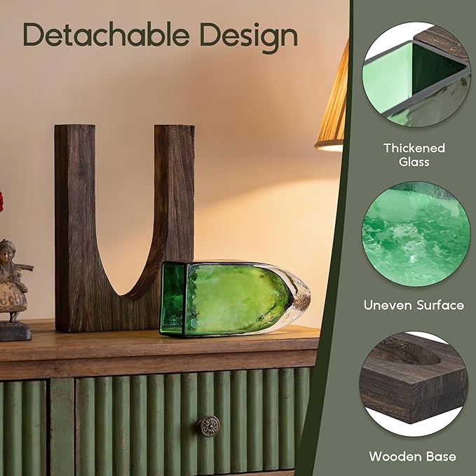 Wood and Glass Inlay Vases Farmhouse Wooden Glass Flower Vase Solid Wood Glass Vase Home Decor Vases for Centerpiece (9.37)