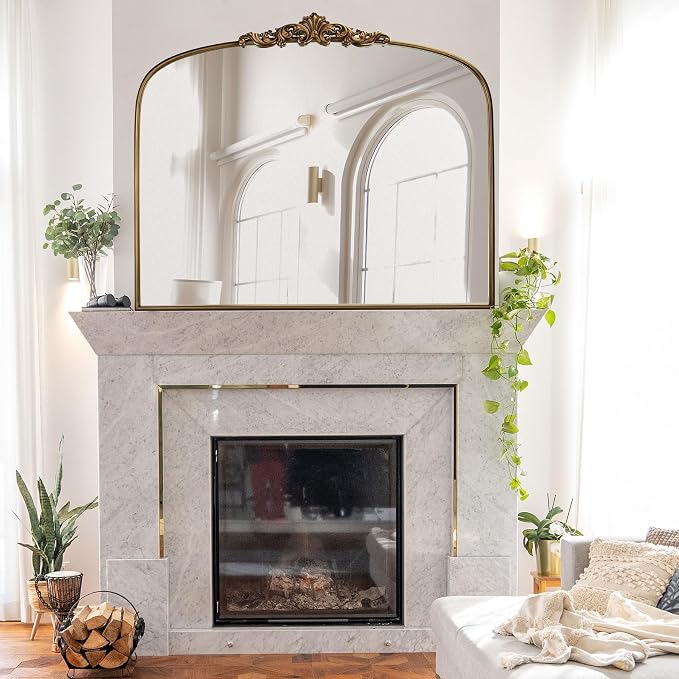 Vintage Gold Ornate Baroque Mirror - 36"X30" Arched Antique Brass Mirror with Full Metal Frame - Ideal for Entryway, Fireplace, Living Room, Hallway or Wall Decor (Upgrade Tempered Glass)