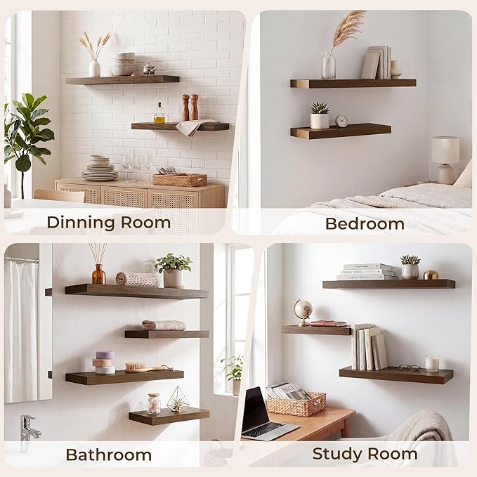RICHFOCUS 20Inch Floating Shelves for Wall 2 Pack Shelves for Bedroom|Kitchen|Bathroom|Laundry Room Rustic Wood Wall Mounted Shelf with Invisible Brackets for Books|Storage|Decor, Walnut