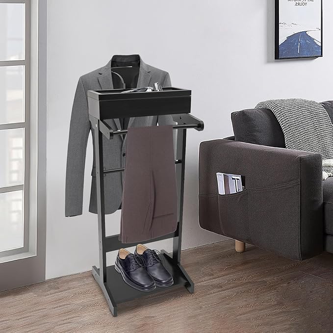 Wood Mens Valet Stand With Shoe Shelf, Coat Hanger and Hat Rack - Freestanding Suit Stand and Clothes Butler With Storage Organizer (Black)
