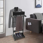 Valet Stand for Men, Wood Suit Valet Stand with Drawer for Women Wood Clothing valet stand with Top Tray, Contour Hanger, Trouser Bar and Shoe Rack Organizer