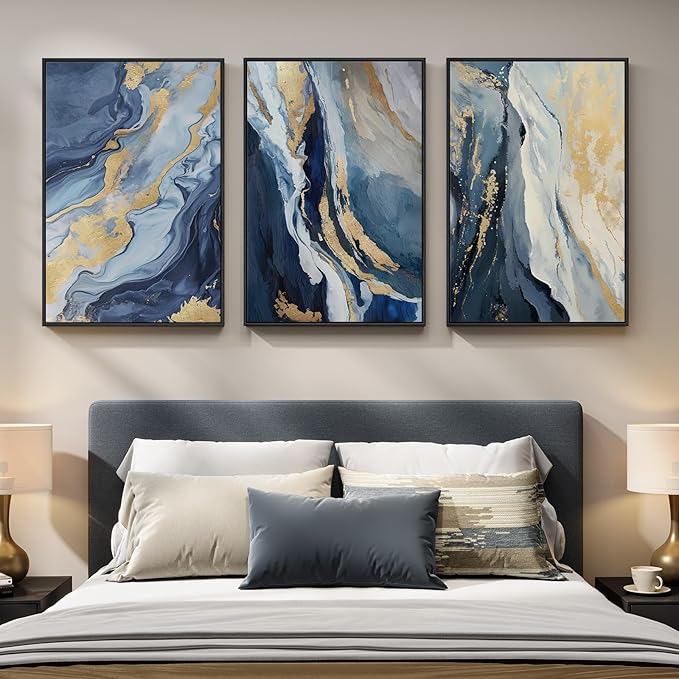 Large Framed Blue and Gold Abstract Wall Art for Living Room, 3 Piece Modern Canvas Prints Paintings Artwork for Walls, Luxury Marble Abstract Pictures for Bedroom Dining Office Wall Decor 24x36 In