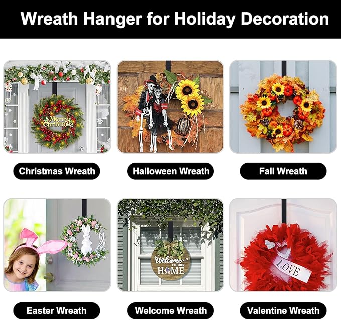 HEYHOUSE Wreath Hanger,Easter Decorations Adjustable Wreath Hanger for Front Door Decor from 14.9-25",Over The Door Hooks Organizer 20 lbs Larger Wreaths Hangers Christmas Wreaths Decorations Hook