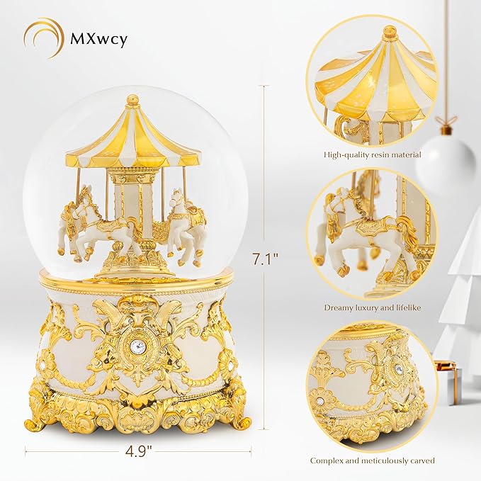 Carousel Music Box Gold & Ivory Christmas Snow Globes, 7.1" Glass Rotate Carousel Snow Globe for Kids & Adults, Classic Wind up Musical Snow Globe Birthday Gifts, Carousel Horse Home Decor