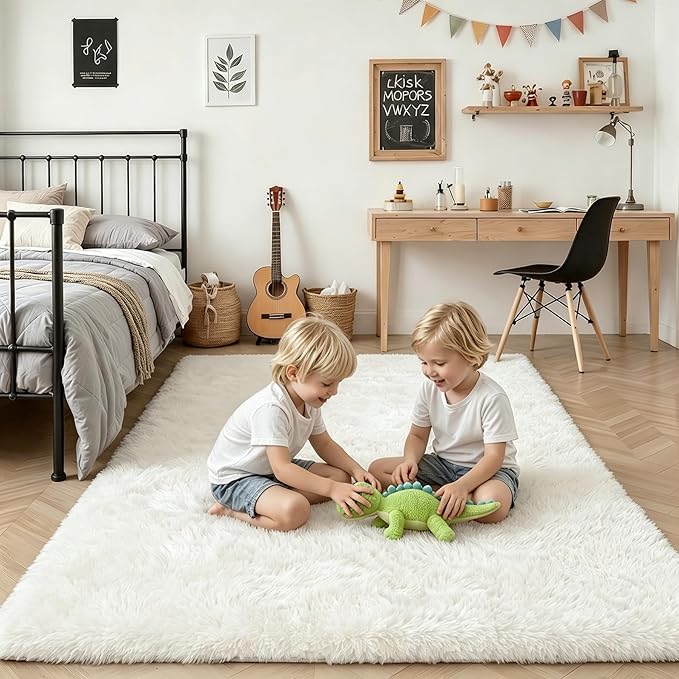 Fluffy 4x6 Area Rugs for Living Room Bedroom: Ultra Soft Shag Rug Non-Slip Non-Shedding Small Plush Bedside Rug Indoor Floor Carpets for Kids Room Playroom Entryway Nursery Dorms Home Decor Ivory