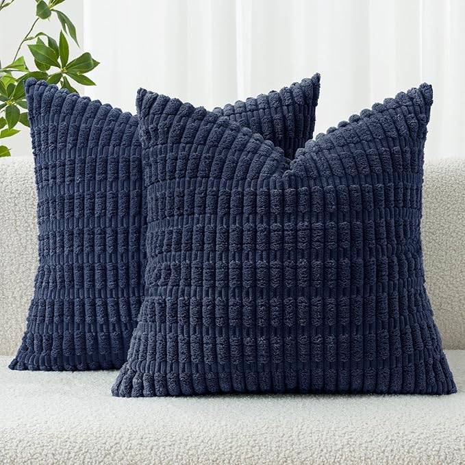 MIULEE Pack of 2 Corduroy Decorative Throw Pillow Covers 12x12 Inch Soft Boho Striped Pillow Covers Modern Farmhouse Home Decor for Summer Coastal Sofa Living Room Couch Bed Dark Blue