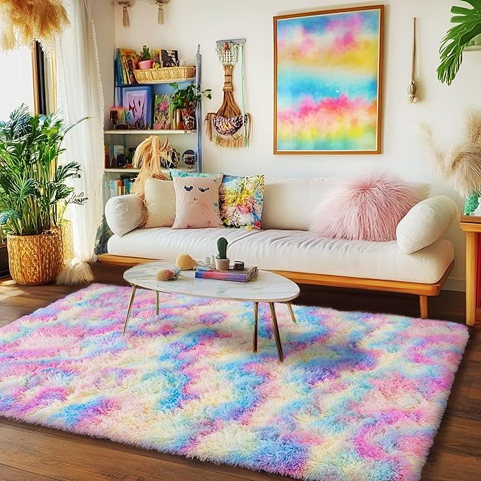Rainbow Rug for Living Room, 6x9 Area Rug for Cute Girls Room, Bedside Indoor Floor Fluffy Shag Carpet, Plush Soft Rug for Bedroom Nursery Dorm Home Decor