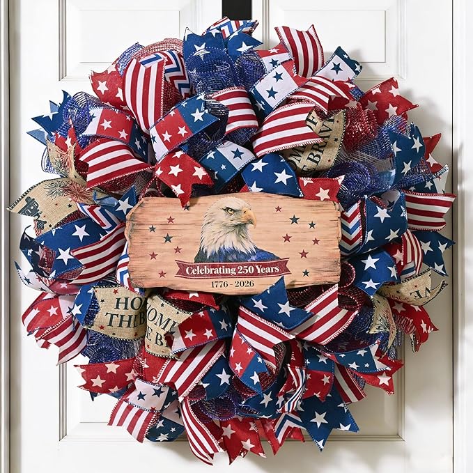 250th Anniversary Patriotic Wreath, 4th of July Wreaths for Front Door with Wooden Eagle Door Sign & Red White Blue Ribbon for Independence Day Memorial Day Patriotic Decorations(18In, 2Pcs)