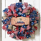 250th Anniversary Patriotic Wreath, 4th of July Wreaths for Front Door with Wooden Eagle Door Sign & Red White Blue Ribbon for Independence Day Memorial Day Patriotic Decorations(18In, 2Pcs)