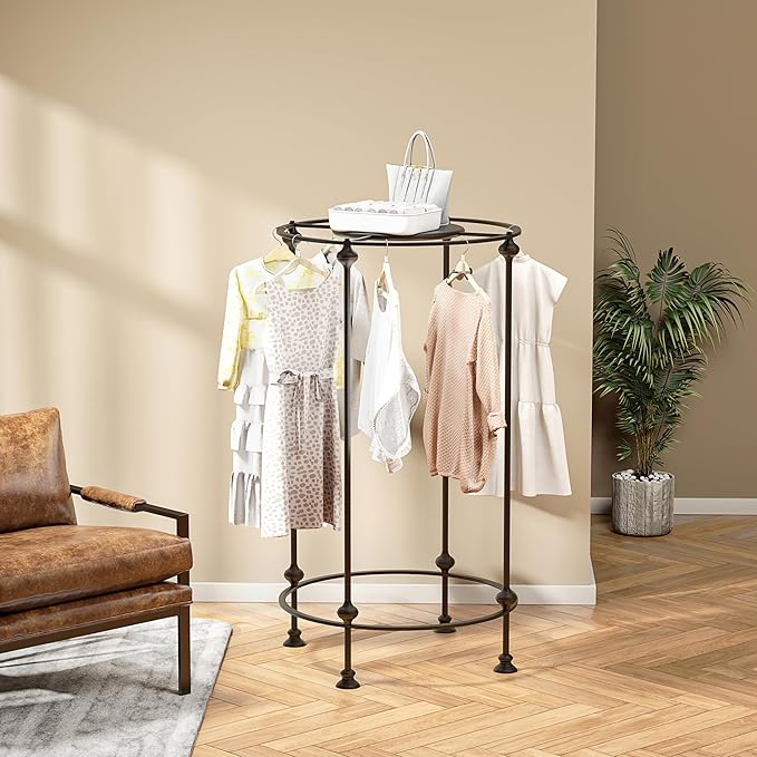 Round Clothes Display Retail Rack, Floor-Standing Heavy-Duty Garment Hanging Rack, Clothing Racks with Topper, Multi-Purpose Clothing Organizer for Boutique Retail Store Laundry Home Black