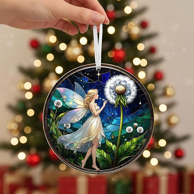2025 Christmas Ornaments, Christmas Tree Ornaments Acrylic, Faux Stained Glass Effect White Elephant Gifts Exchange, Unique Suncatcher Xmas Stocking Stuffers for Women, Men (Fairy)