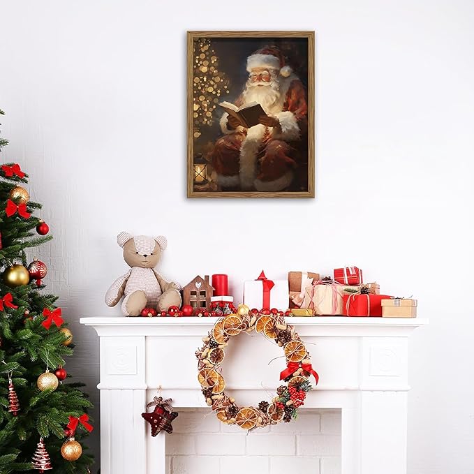 Framed Santa Christmas Wall Art, Vintage Santa Claus Reading Canvas Paintings, Christmas Print, Rustic Winter Holidays Decor, Farmhouse Christmas Pictures Wall Decor – 12x16in
