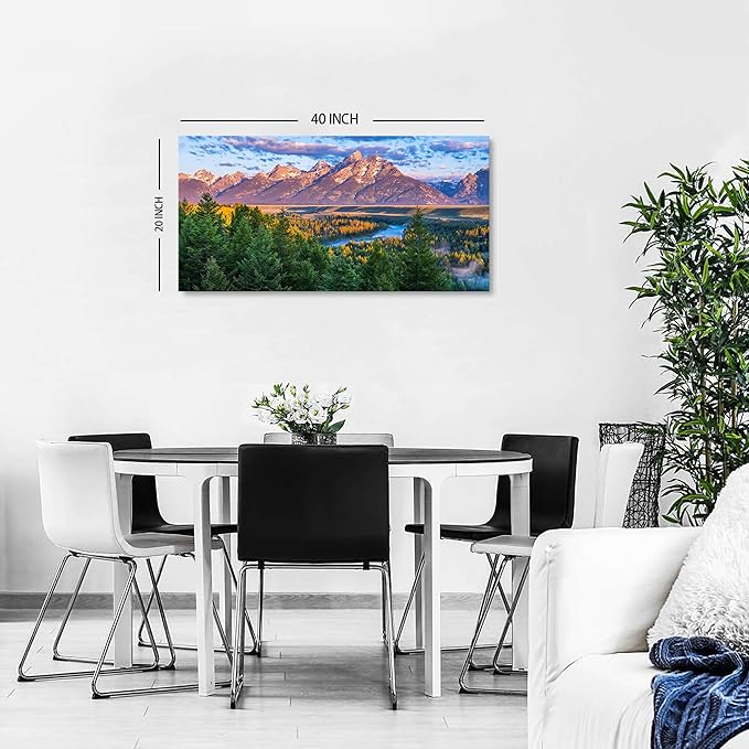 AIYISU Grand Teton Mountain Wall Art Sunset Nature National Park Posters Oxbow Bend Snake River Landscape Wall Decor Wyoming Scenery Painting Artwork for Living Room Office Home Decoration 20x40