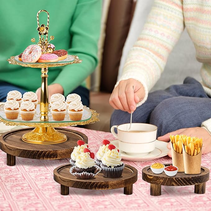 8PCS Wooden Risers for Display Wood Cake Stand for Party Round Food Risers for Buffet Wooden Holder Rustic Riser for Decor Tiered Tray Decor Home Kitchen (Rustic, 8 PCS (10", 8”, 6”, 5”))