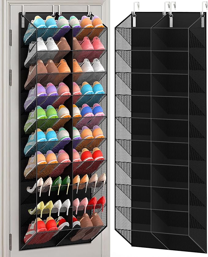 30 Pairs Over the Door Shoe Organizer, Breathable Mesh Pocket Hanging Shoe Storage for Closet, 10-Tier Door Shoes Rack, Handing Shoes Holder Fit All the Family's Sneakers, Boots, Heels, Black