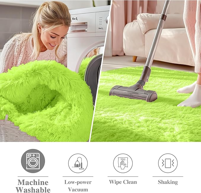 OLANLY Lime Green Round Rugs for Bedroom - Machine Washable, 8 ft Circle Area Rugs for Living Room, Soft and Fluffy Shaggy Carpet for Teen Girl and Boys, Nursery Rooms, Dorms, Home Decor Aesthetic