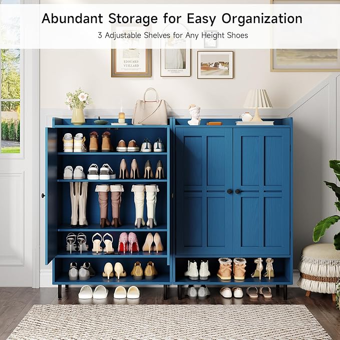 ONBRILL Shoe Cabinet with Cross Molding Doors, 6-Tier Shoe Storage Cabinet with 3 Adjustable Shelves and Metal Legs, 45'' Tall Shoes Rack Organizer Cabinet for Entryway, Front Door, Blue