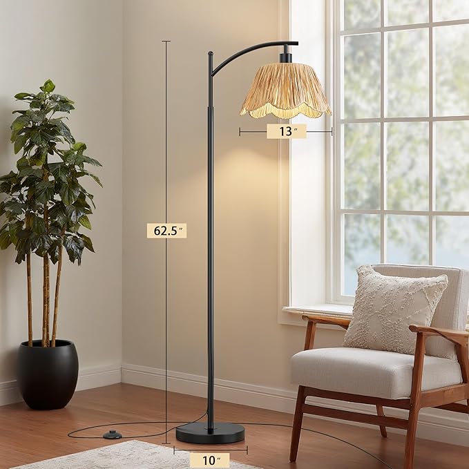 Oneach Boho Rattan Floor Lamp for Living Room, Farmhouse Standing Lamp with Hand-Woven Shade, Black Metal Base & Pole, Foot Switch - Corner Reading Lamp for Bedroom