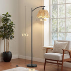 Oneach Boho Rattan Floor Lamp for Living Room, Farmhouse Standing Lamp with Hand-Woven Shade, Black Metal Base & Pole, Foot Switch - Corner Reading Lamp for Bedroom