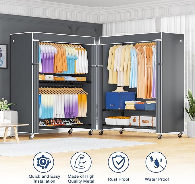 P8C Max Heavy Duty Clothes Rack（With Extended Width Design） Rolling Clothing Racks for Hanging Clothes with Lockable Wheels，51.2" W x 15.8" D x 80.5" H，Load 700LBS，Black Rack with Grey Cover