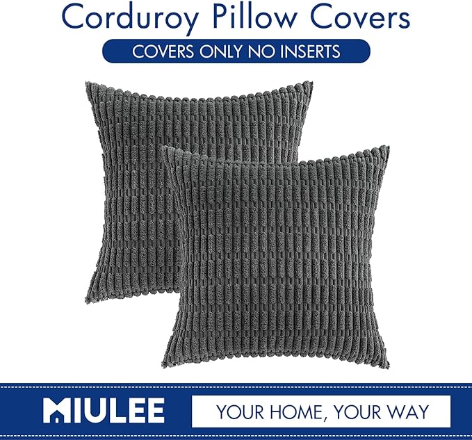 MIULEE Pack of 2 Corduroy Decorative Throw Pillow Covers 24x24 Inch Soft Boho Striped Pillow Covers Modern Farmhouse Home Decor for Sofa Living Room Couch Bed Dark Grey