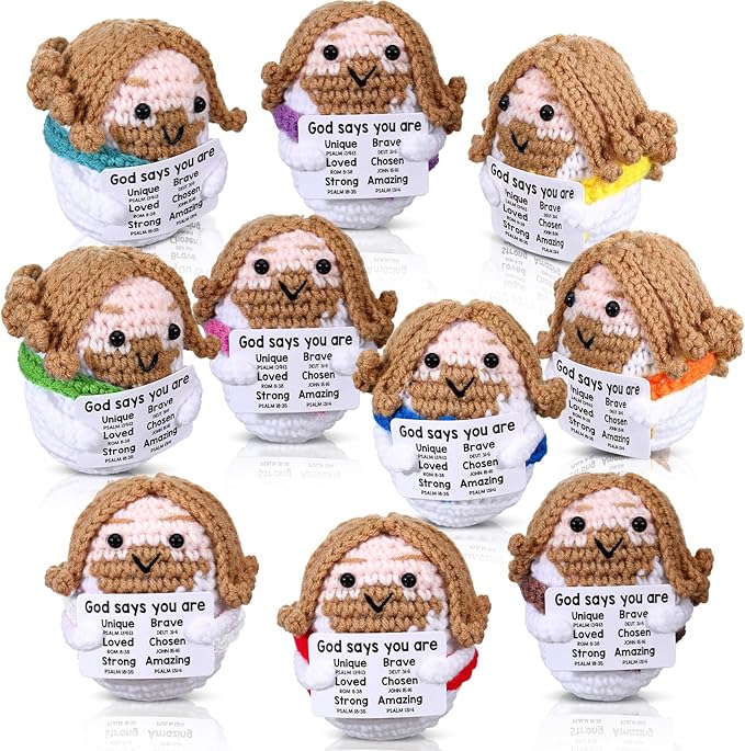 Marsui 10 Pcs 5 Pcs Crochet Dolls Christian Positive Gifts for Women Mini Jesus Figures with Positive Card Handmade Religious Crochet Plush Doll for Church Sunday School Motivational Gift (Multicolor)