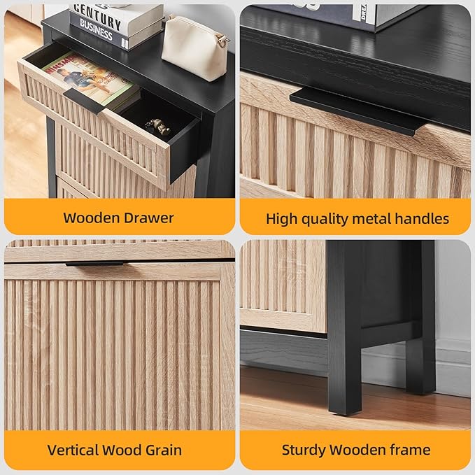 2 Flip Drawers Shoe Cabinet Storage for Entryway, Narrow Shoes Organizer Cabinet for Front Door Entrance, Free Standing Hidden Wooden Hallway Shoe Rack(Oak&Black)