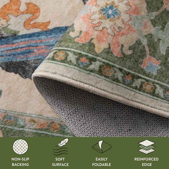 Lahome Botanical Birds 3x5 Green Washable Kitchen Rugs for Bathroom, Boho Entryway Rug for Bedroom, Vintage Soft Non Slip Indoor Carpet for Living Room Front Door (3x5ft,Green)