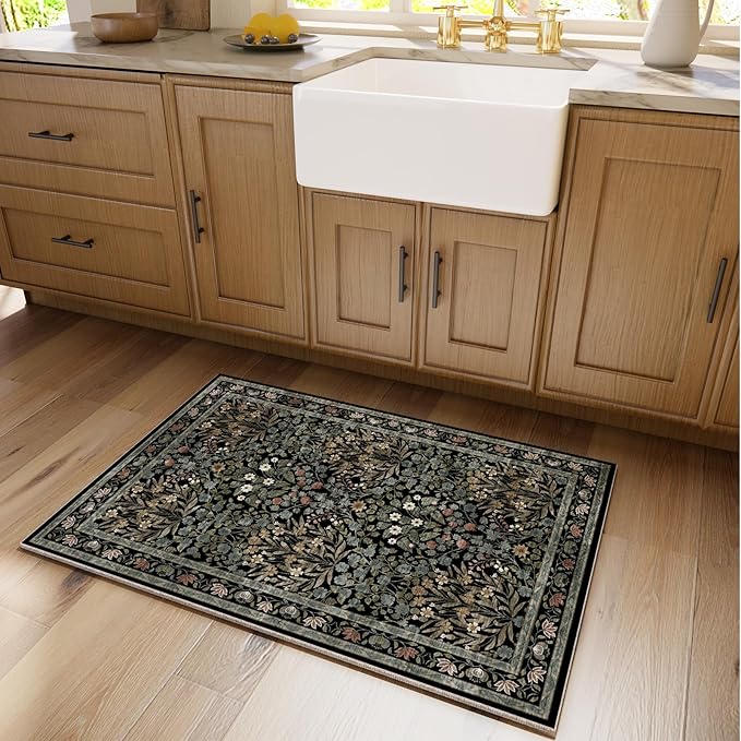 Floral Entryway Rug, 2x3 Kitchen Rugs Non Slip Washable Traditional Design Vintage Floral, Soft Door Mat Indoor Entrance, Ultra-Thin Easy Clean Small Throw Carpet for Bedroom Bathroom