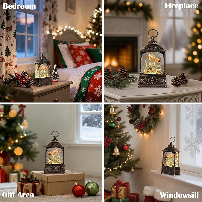 Christmas Snow Globes Church Snow Globe Lantern, Lighted Christmas Decorations Indoor for Home with Music Timer Glitter, Santa Claus Reindeer, Home Decor, USB & Battery Operated 10.4 inch