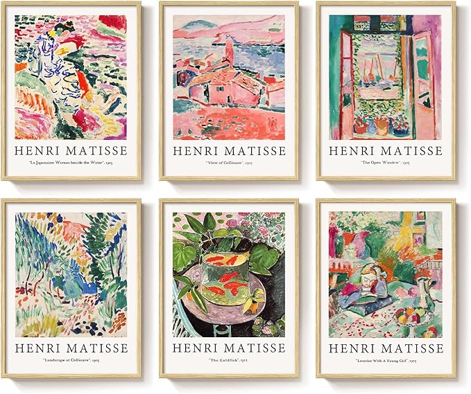 Framed Matisse Wall Art for Living Room, 6 Pieces Abstract Colorful Canvas Artwork for Walls, Henri Matisse Vintage Boho Landscape Pictures for Bedroom, Dining Room, Hallway, Home Office Decor 11x14