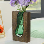 Wood and Glass Inlay Vases Farmhouse Wooden Glass Flower Vase Solid Wood Glass Vase Home Decor Vases for Centerpiece (9.45 Inches)