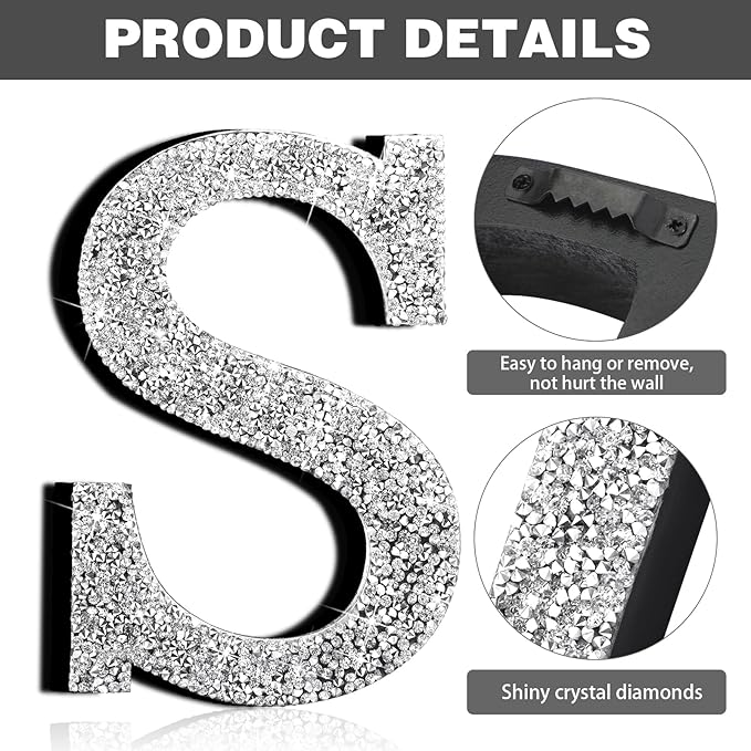 Qunclay 12'' Silver Crystal Diamond Bling Letters Crushed Diamond Decoration Wooden Glitter Letter with Screw and Hooks Rhinestone Gift for Wedding Y2k Mcbling Bedroom Wall Decor (Letter S)