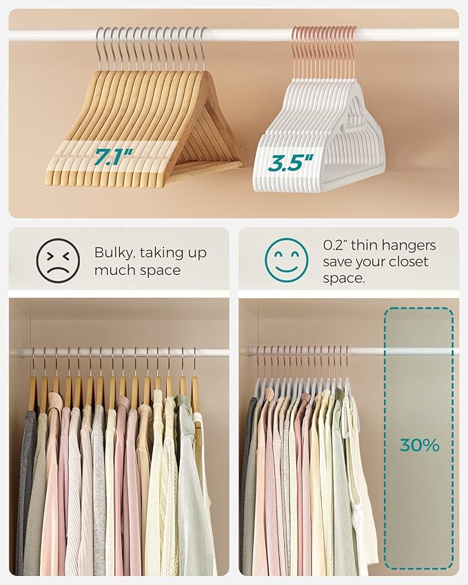 SONGMICS Velvet Hangers, Set of 50 Clothes Hanger with Rose Gold Swivel Hook, Non-Slip, and Space-Saving, 0.2-Inch Thick, 17.1-Inch Long for Coat, Shirt, Dress, Pants, Tie, Cloud White UCRF021W02